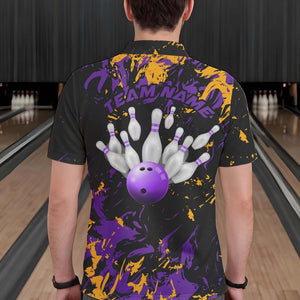 Black, Purple And Yellow Custom Bowling Team Men Polo Shirts, Bowling Ball And Pin Jerseys IPHW8797