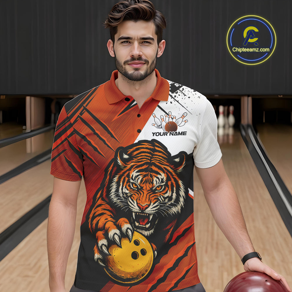 Custom Tiger Bowling Team Polo Shirts For Men, Tiger Claw Bowling Jerseys IPHW9026