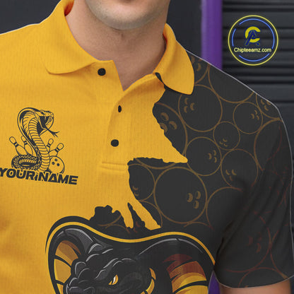 Custom Black And Yellow Cobra Snake Bowling Men Polo Shirts Team Uniform Bowling Pattern IPHW9030