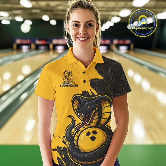 Custom Black And Yellow Cobra Snake Bowling Women Polo Shirt Team Uniform Bowling Pattern IPHW9030