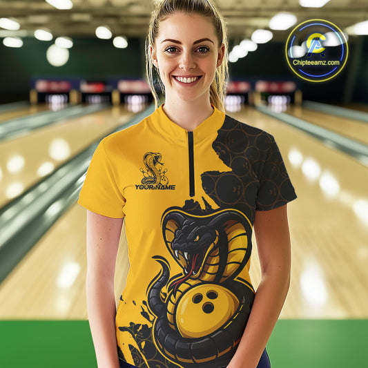 Custom Black And Yellow Cobra Snake Bowling Women Quarter-Zip Shirts Team Uniform IPHW9030