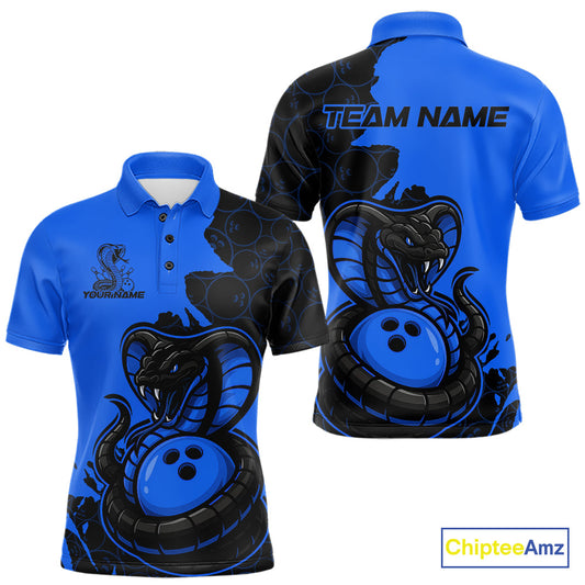 Custom Black And Blue Cobra Snake Bowling Men Polo Shirts Team Uniform Bowling Pattern IPHW9031