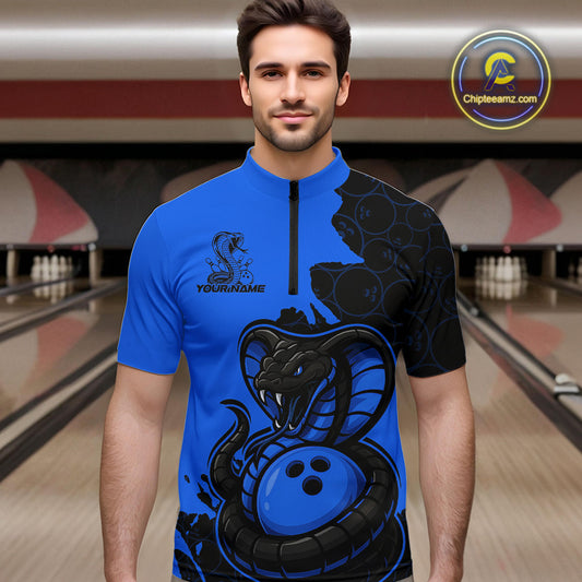 Custom Black And Blue Cobra Snake Bowling Men Quarter-Zip Shirts Team Uniform Bowling Pattern IPHW9031