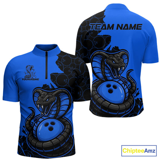Custom Black And Blue Cobra Snake Bowling Men Quarter-Zip Shirts Team Uniform Bowling Pattern IPHW9031