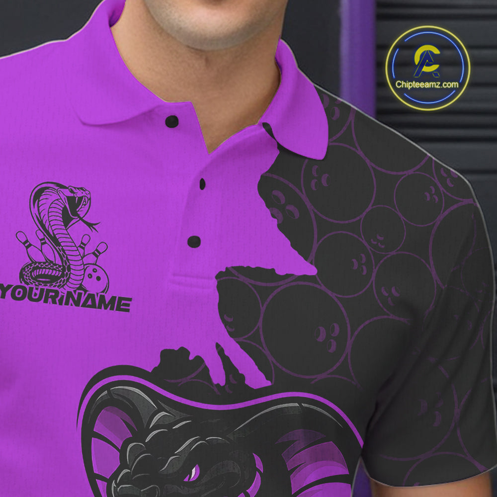 Custom Black And Purple Cobra Snake Bowling Men Polo Shirts Team Uniform Bowling Pattern IPHW9033
