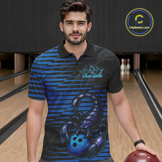 Custom Black And Blue Scorpion Bowling Team Polo Shirts For Men, Bowling League Shirt IPHW9034