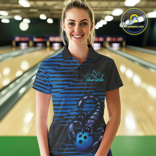 Custom Black And Blue Scorpion Bowling Team Polo Shirts For Women, Bowling League Shirt IPHW9034