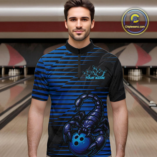 Custom Black And Blue Scorpion Bowling Team Quarter-Zip Shirts For Men, Bowling League Shirt IPHW9034
