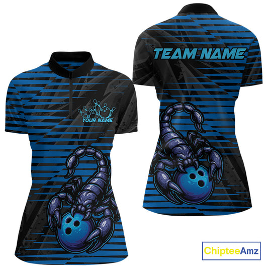 Custom Black And Blue Scorpion Bowling Team Women Quarter-Zip Shirt, Bowling League Shirt IPHW9034