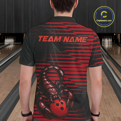 Custom Black And Red Scorpion Bowling Team Polo Shirts For Men, Bowling League Shirt IPHW9036
