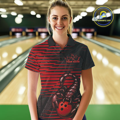 Custom Black And Red Scorpion Bowling Team Polo Shirts For Women, Bowling League Shirt IPHW9036