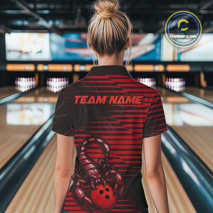 Custom Black And Red Scorpion Bowling Team Polo Shirts For Women, Bowling League Shirt IPHW9036
