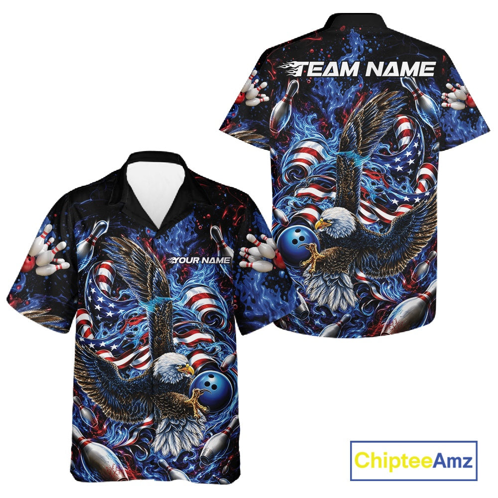 Button up bowling shirt mockup in front and back views with flaming eagle graphics, a blue bowling ball, American flag details, and blue flames.