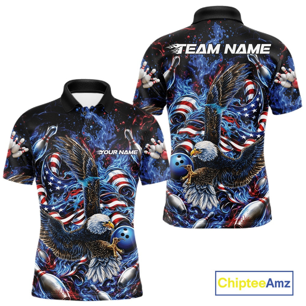 Front and back men’s bowling polo shirt mockup with flaming eagle graphics, blue bowling ball, American flag elements, and blue flame accents.