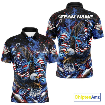 Front and back men’s bowling polo shirt mockup with flaming eagle graphics, blue bowling ball, American flag elements, and blue flame accents.