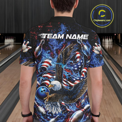 Back view of a male model at a bowling lane wearing a bowling polo shirt with flaming bald eagle, blue bowling ball, American flag, and blue flames.