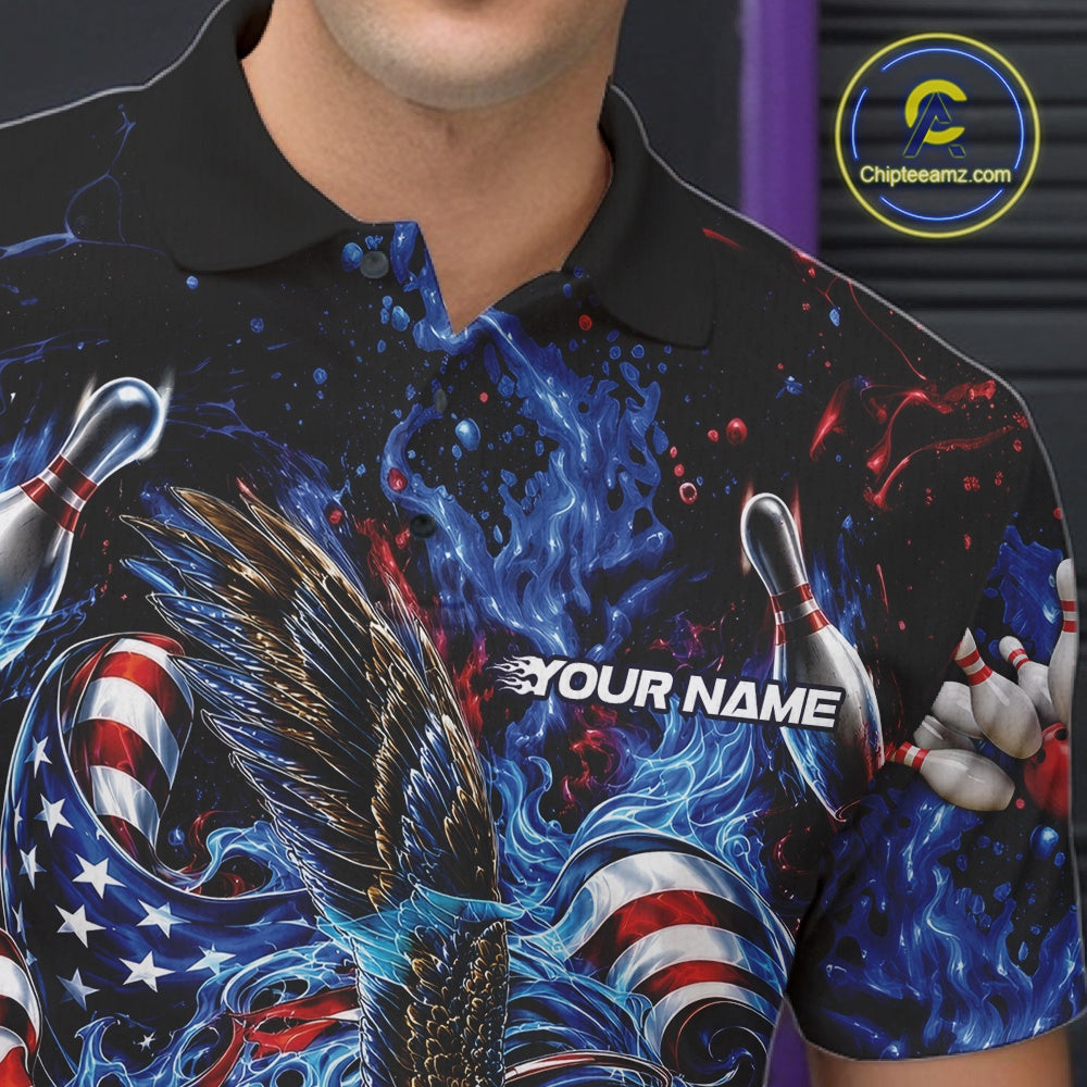 Close up left chest view of a bowling polo shirt with flaming bald eagle artwork, blue bowling ball, American flag, and blue flames.