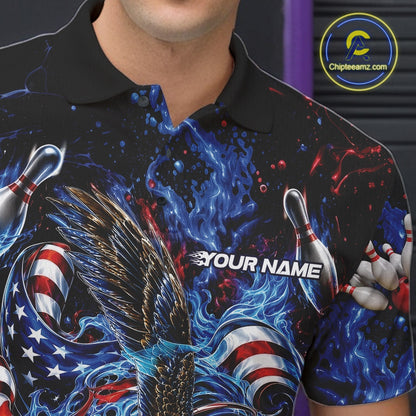 Close up left chest view of a bowling polo shirt with flaming bald eagle artwork, blue bowling ball, American flag, and blue flames.