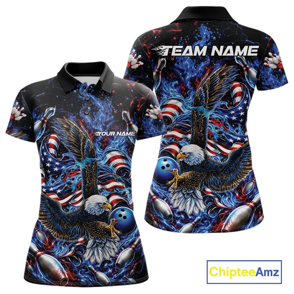 Women’s polo shirt mockup shown front and back with flaming bald eagle artwork, blue bowling ball, American flag details, and blue flames.