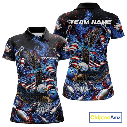 Women’s polo shirt mockup shown front and back with flaming bald eagle artwork, blue bowling ball, American flag details, and blue flames.