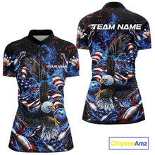 Load image into Gallery viewer, Front and back women’s bowling quarter zip mockup with flaming bald eagle graphics, blue bowling ball, American flag elements, and blue flames.