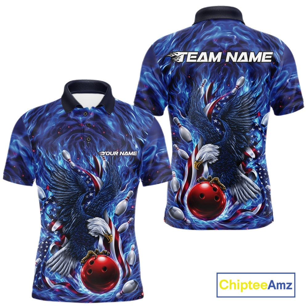 Men’s bowling polo shirt mockup shown front and back with an eagle surrounding a bowling ball, plus flowing flag and bowling pin graphics.