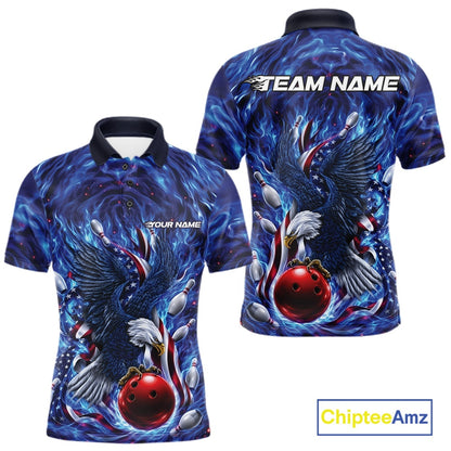 Men’s bowling polo shirt mockup shown front and back with an eagle surrounding a bowling ball, plus flowing flag and bowling pin graphics.
