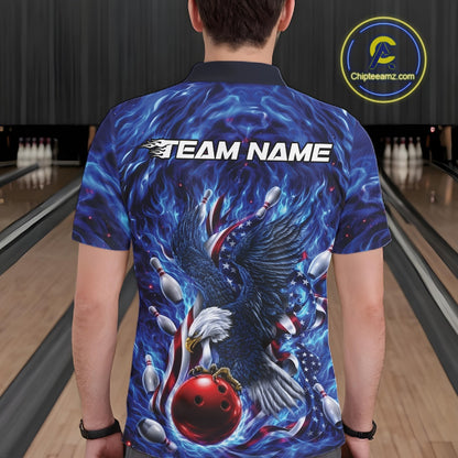 Back view of a male model at the bowling lane wearing a polo shirt with eagle motif, bowling ball, flowing flag accents, and pins.