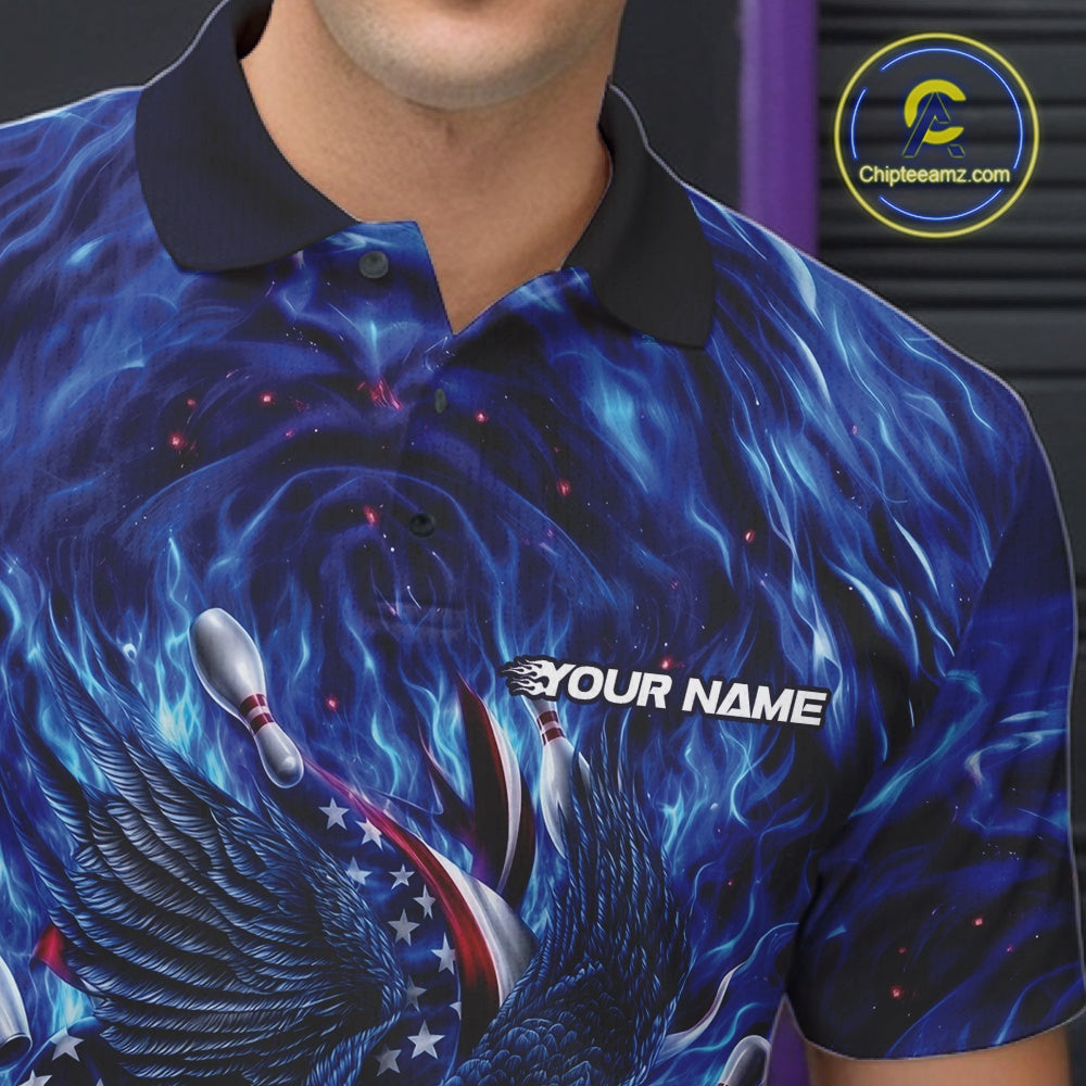 Left chest close up of a bowling polo shirt with eagle artwork positioned around a bowling ball, flowing flag elements, and pins.