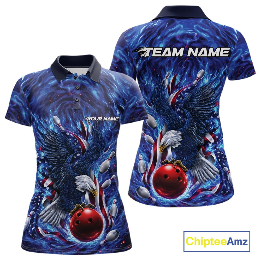Front and back women’s polo shirt mockup featuring eagle graphics around a bowling ball with flowing flag elements and bowling pins.