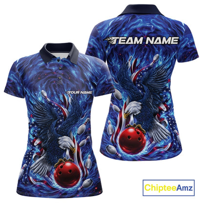 Front and back women’s polo shirt mockup featuring eagle graphics around a bowling ball with flowing flag elements and bowling pins.