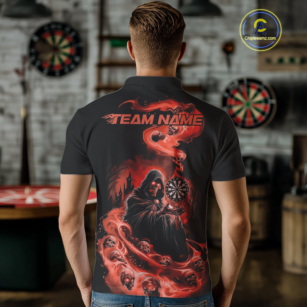 Custom Orange Flame Grim Reaper Dart Men Polo Shirts, Dart Team Halloween Outfits IPHW9982