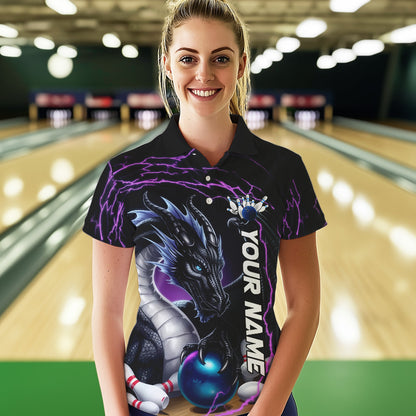 Blue And Purple Thunder Lightning Custom Dragon Bowling Team Polo Shirts For Women IPHW8317