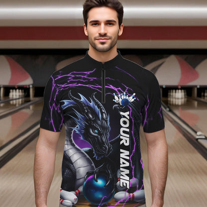 Blue And Purple Thunder Lightning Custom Dragon Bowling Team Quarter-Zip Shirts For Men IPHW8317