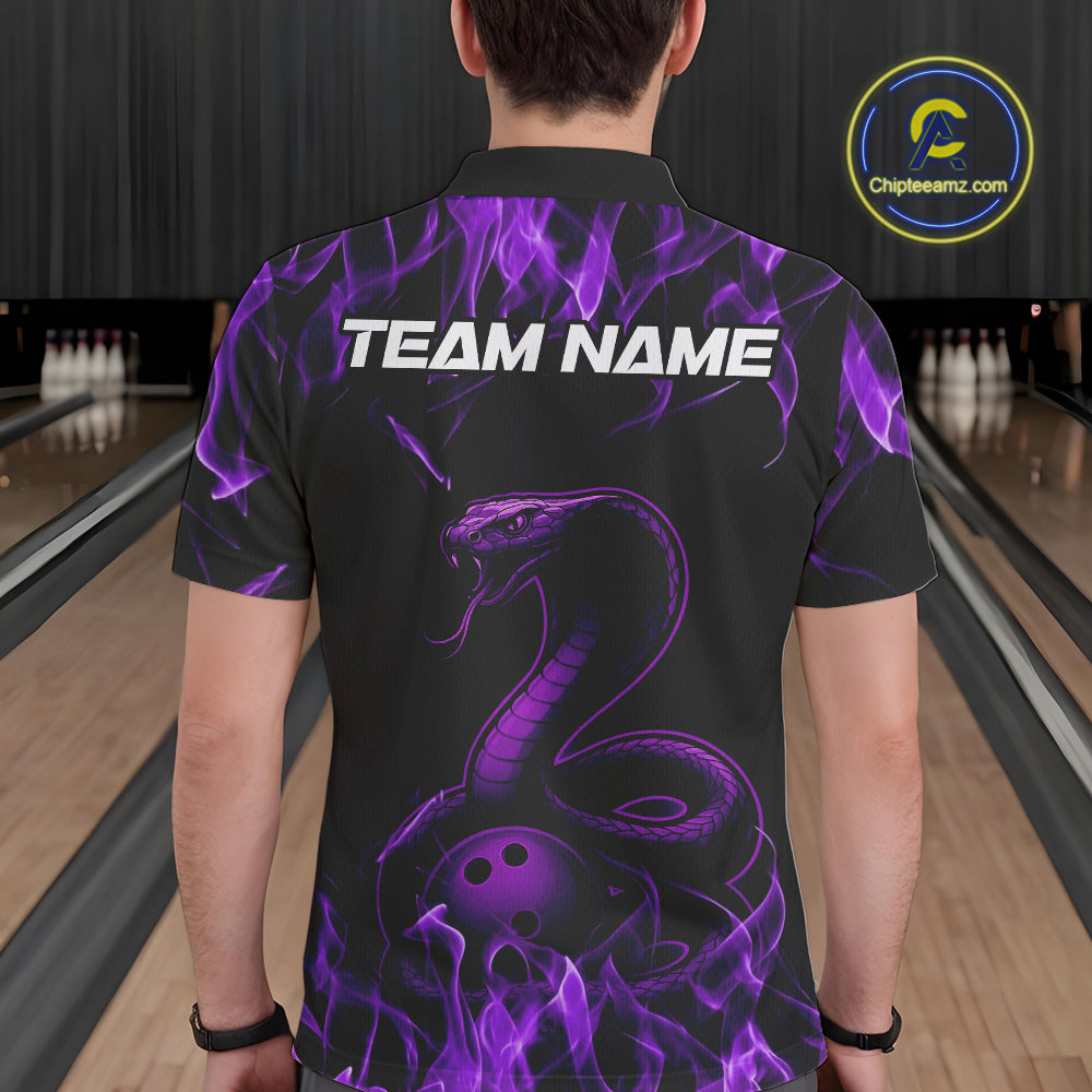 Custom Black And Purple Flame Cobra Snake Bowling Men Polo Shirts, Bowling League Shirt IPHW9041