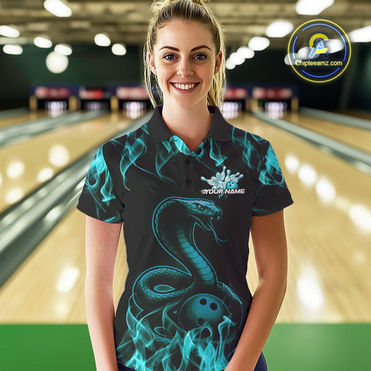 Custom Black And Blue Flame Cobra Snake Bowling Women Polo Shirts, Bowling League Shirt IPHW9042