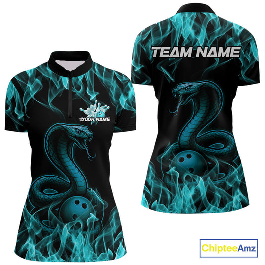 Custom Black And Blue Flame Cobra Snake Bowling Women Quarter-Zip Shirts, Team Shirt IPHW9042