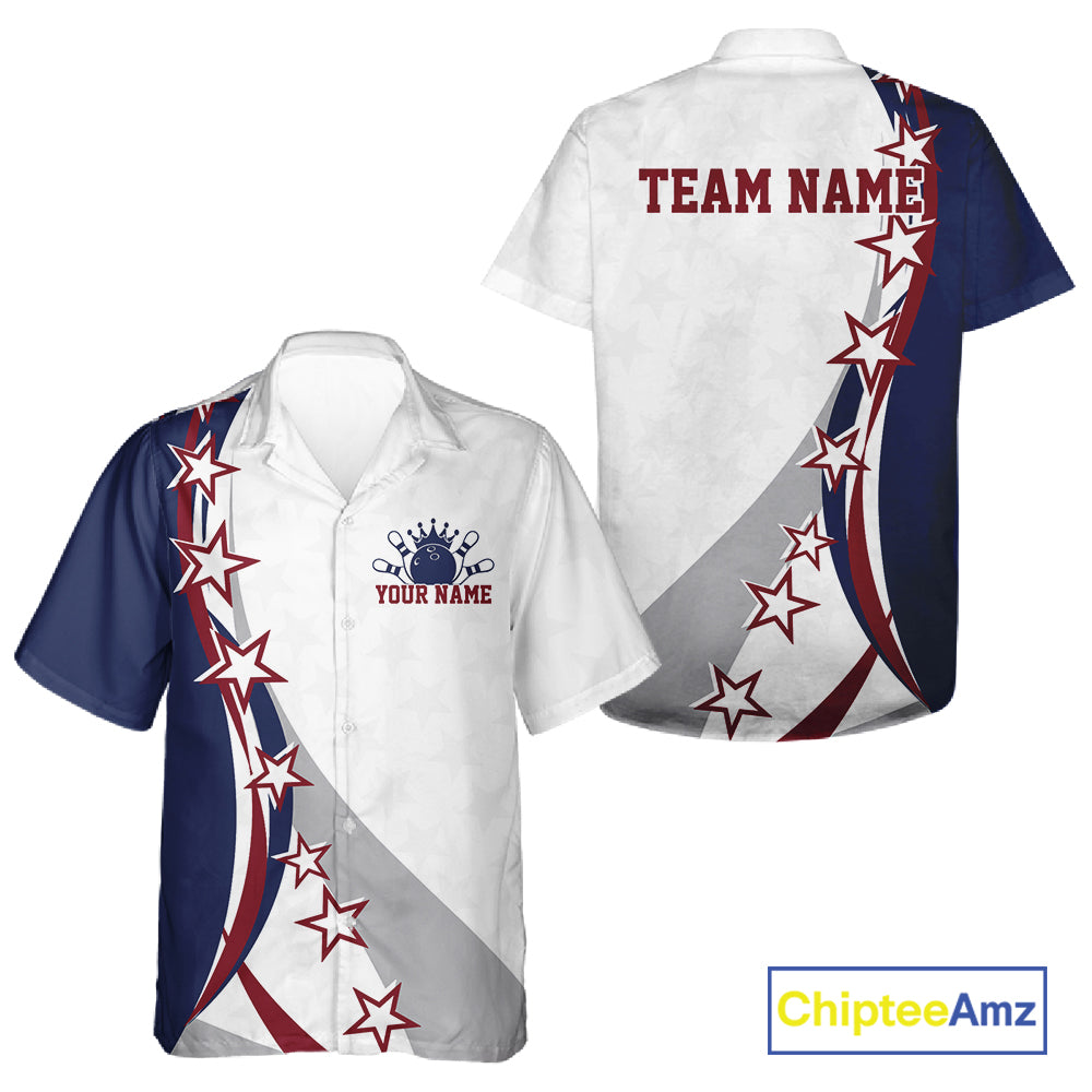 Red, white, and blue button up bowling shirt mockup shown front and back with bowling artwork, sweeping stars, and patriotic stripe patterns.