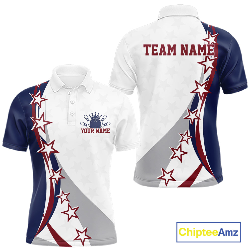 Front and back red, white, and blue men’s bowling polo shirt mockup with bowling artwork, sweeping stars, and stripe patterns.