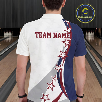 Back view of a male model in a bowling lane wearing a red, white, and blue polo shirt with bowling artwork, stars, and stripes.