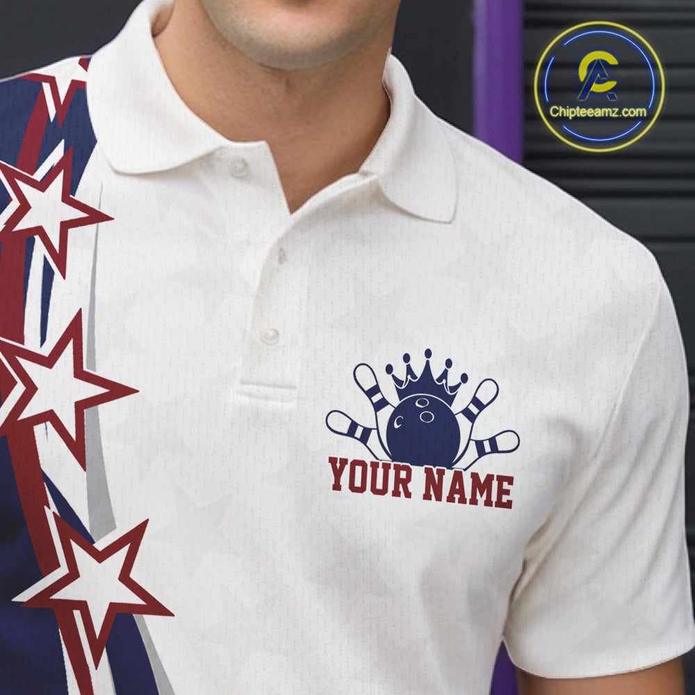 Close up left chest view of a red, white, and blue bowling polo shirt with bowling artwork, sweeping stars, and stripe patterns.