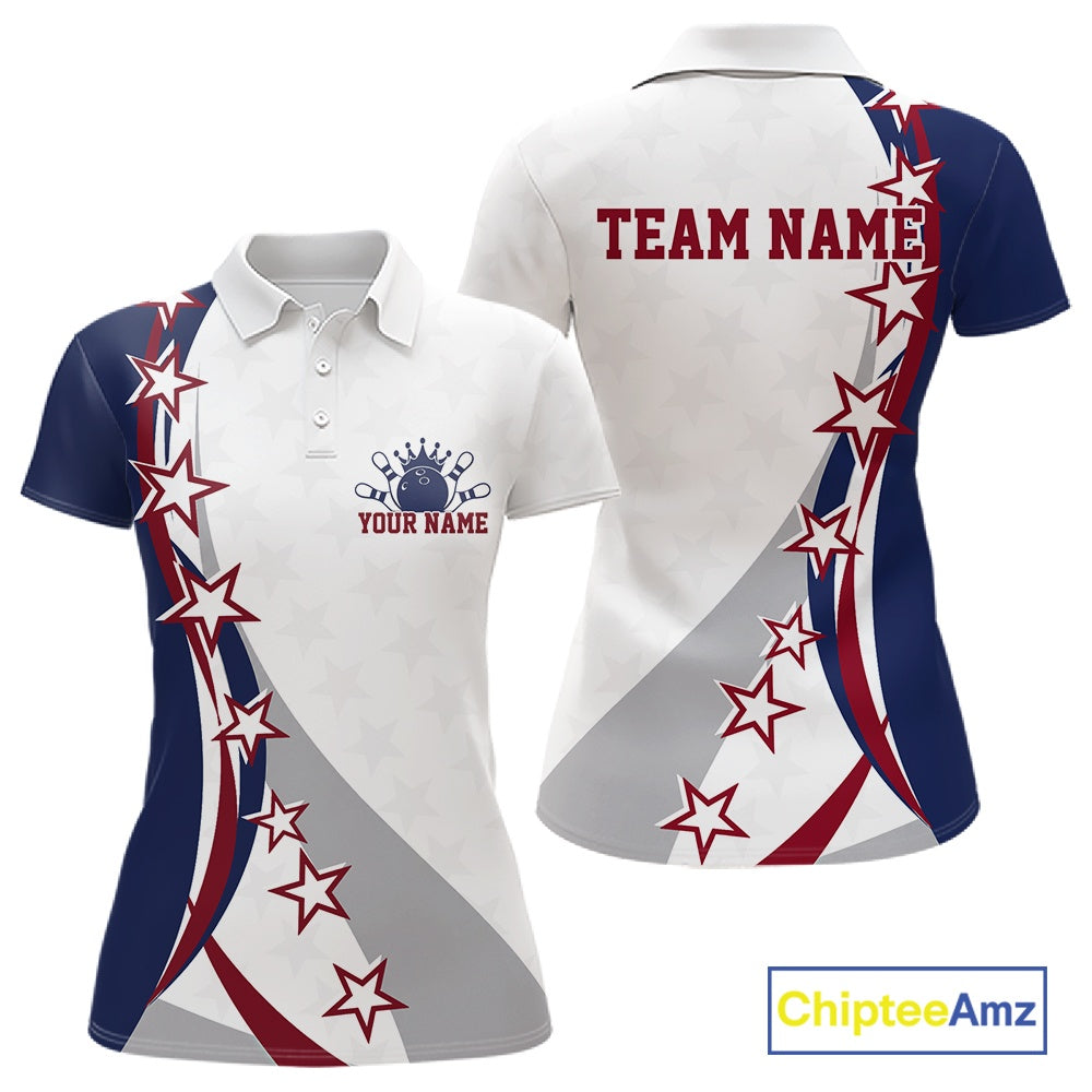Front and back women’s polo shirt mockup featuring bowling artwork with sweeping stars and red, white, and blue stripe patterns.