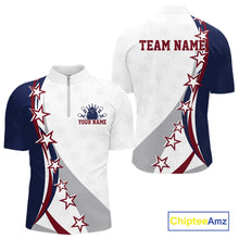 Load image into Gallery viewer, Front and back red, white, and blue men’s bowling quarter zip shirt mockup with bowling artwork, sweeping stars, and stripe patterns.