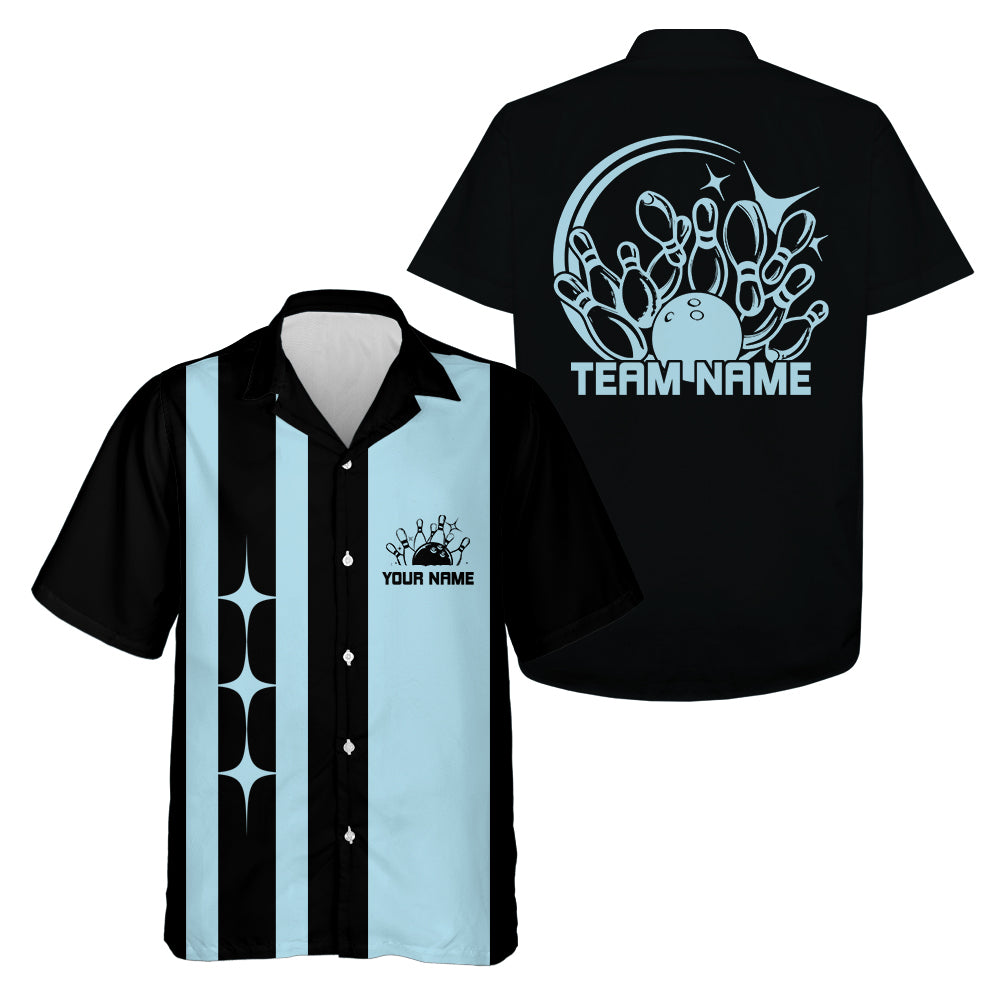 Black and light blue classic retro bowling shirt with 'Team Name' text on a white background