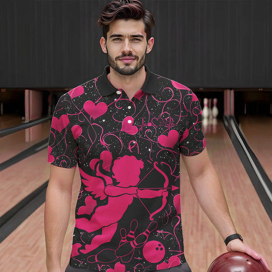 Black And Pink Custom Valentines Day Bowling Polo Shirts For Men, Bowling Couple Shirt IPHW8330