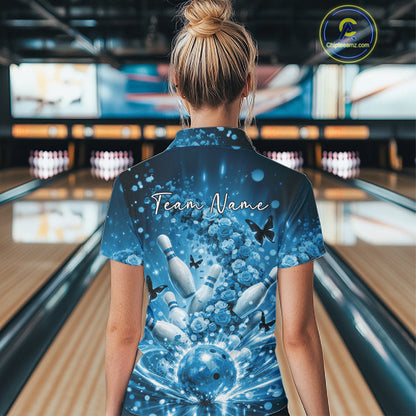 Custom Blue Roses And Butterfly Women Bowling Shirt, Flower Ladies Bowling Jerseys IPHW10894