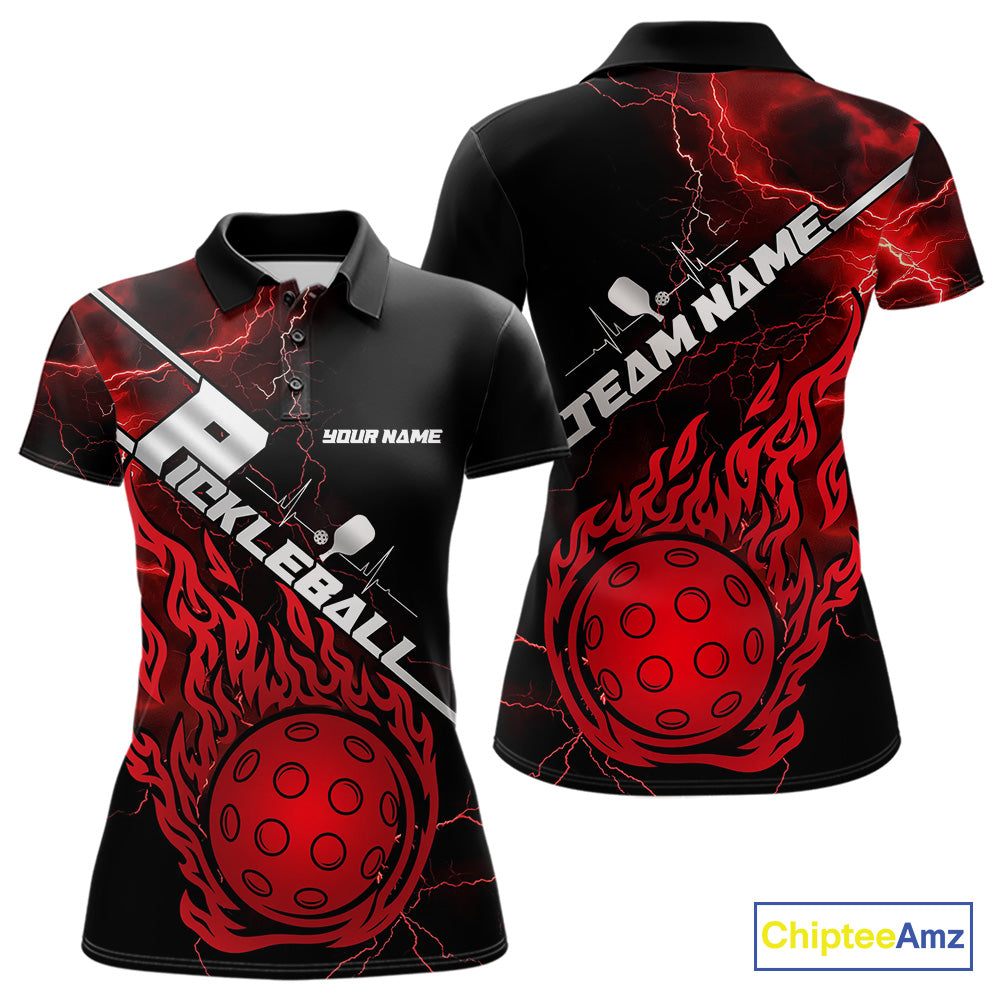 Custom Black And Red Thunder Lightning Flame Pcikleball Polo Team Shirts For Women IPHW9304