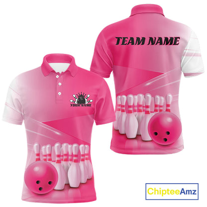 Front and back men’s bowling polo shirt mockup with bowling ball and pins graphics arranged within a pink gradient layout.