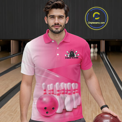 Front view of a male model in a bowling lane wearing a polo shirt with bowling ball and pins arranged in a pink gradient layout.