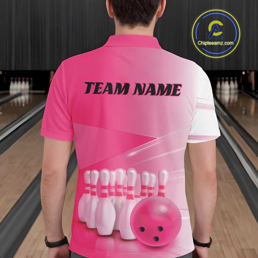 Male model back view at the bowling lane wearing a polo shirt with bowling ball and pins arranged within a pink gradient layout.
